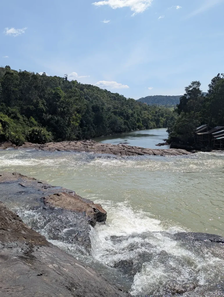 Looking downstream from the middle of a waterfall. There are dark brown boulders with the green toned water cascading over them.