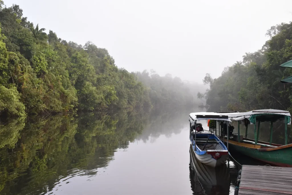 Calm river with fog. Two wooden long boats are moored at a wooden jetty.