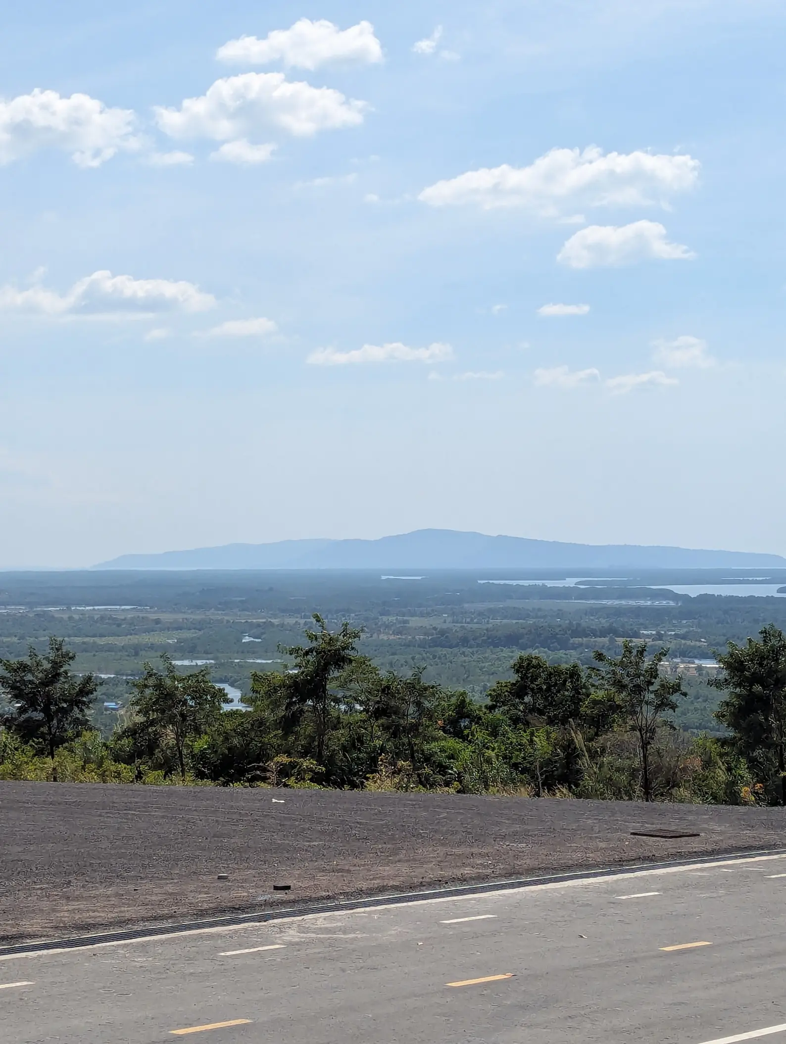 Views standing on a road. Below you can see mangroves, a river and a large hill in the background.