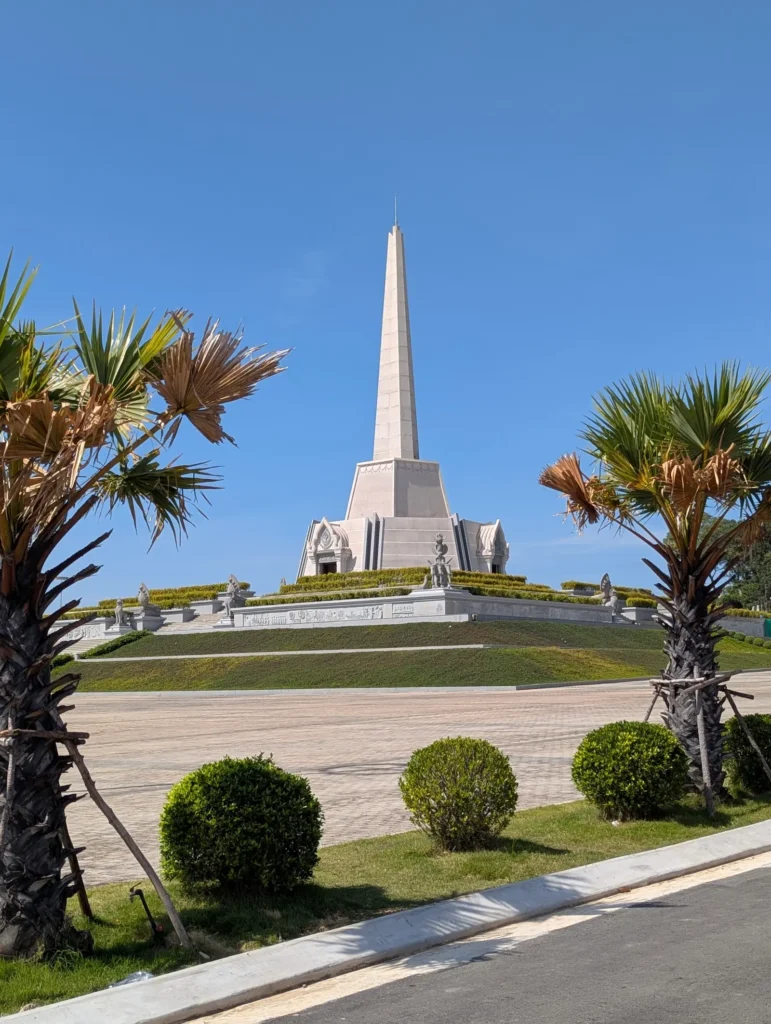Monument with a large spire on top to commemorate Cambodia' Win Win in Koh Kong Province, Cambodia.