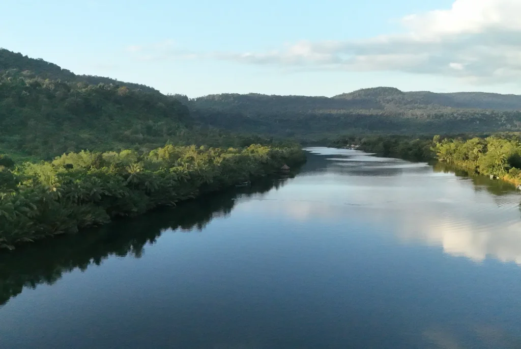 Drone shot of the River Tatai with hills in the background