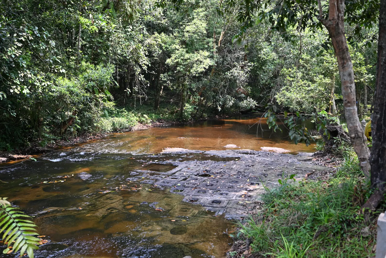 River flowing over ancient stone carvings at the River of a Thousand Lingas in Kbal Spean, Cambodia.