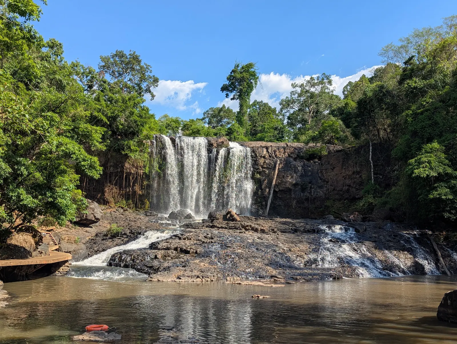Medium shot of a waterfall with a large pool of water in the front.