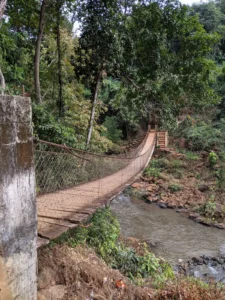 A suspension bridge crosses at a river with heavy bush on the other side.