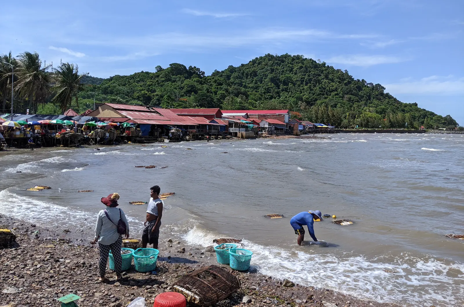 Fishers bring in carb baskets in front of the Kep Crab Market. In the background is the Kep National Park.