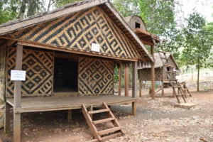 A wooden hut with patterns