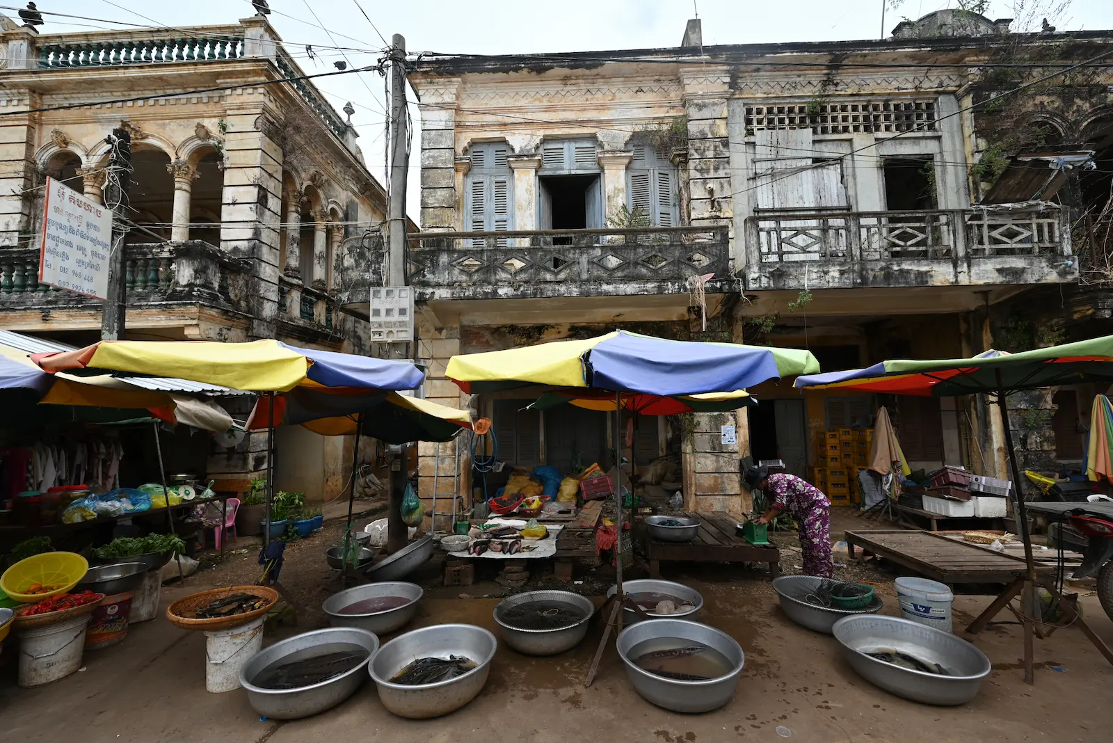 Pots of seafood and colourful umbrellas sit in front of decrepit buildings with vines hanging from them