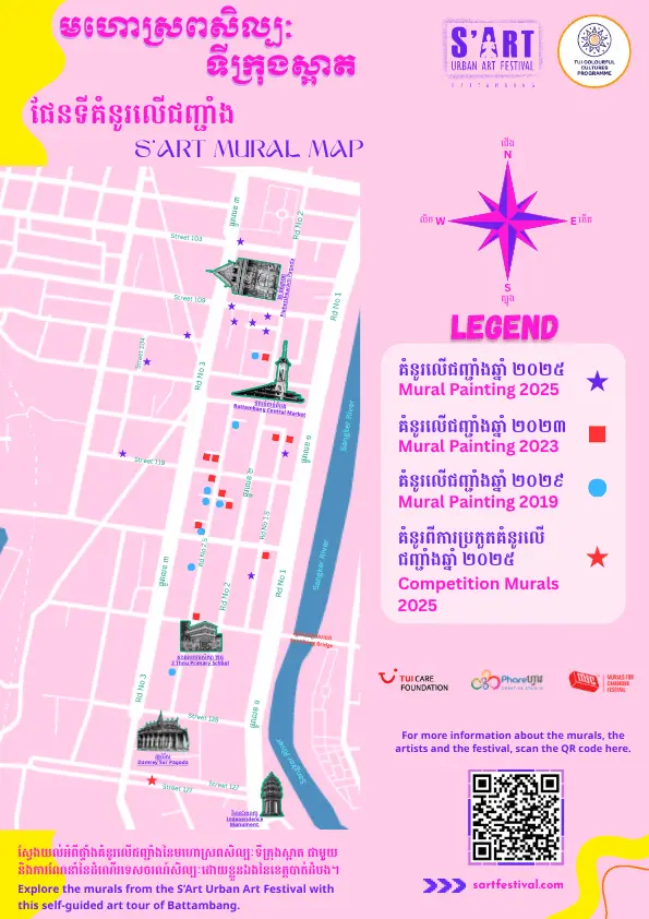 Street map of Battambang with labels of where murals are.